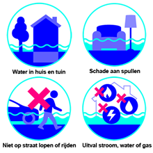 Deze afbeelding toont vier iconen met tekst over de gevolgen van wateroverlast of een overstroming.